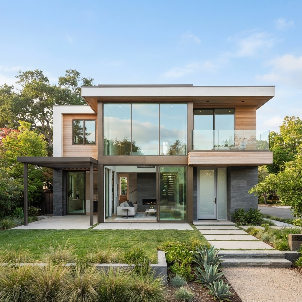 Large clear glass windows on a modern residential home exterior