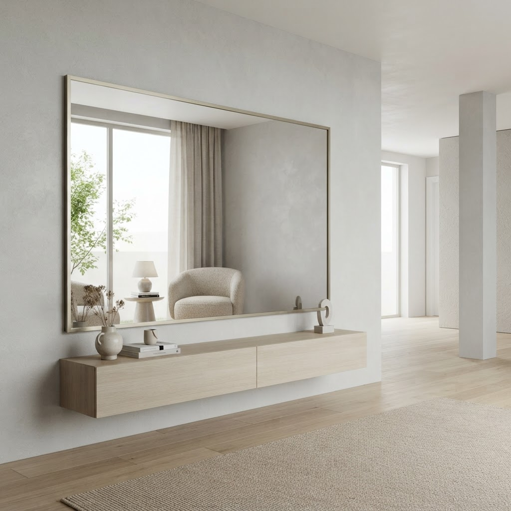 Large custom wall mirror installed in a bright interior room