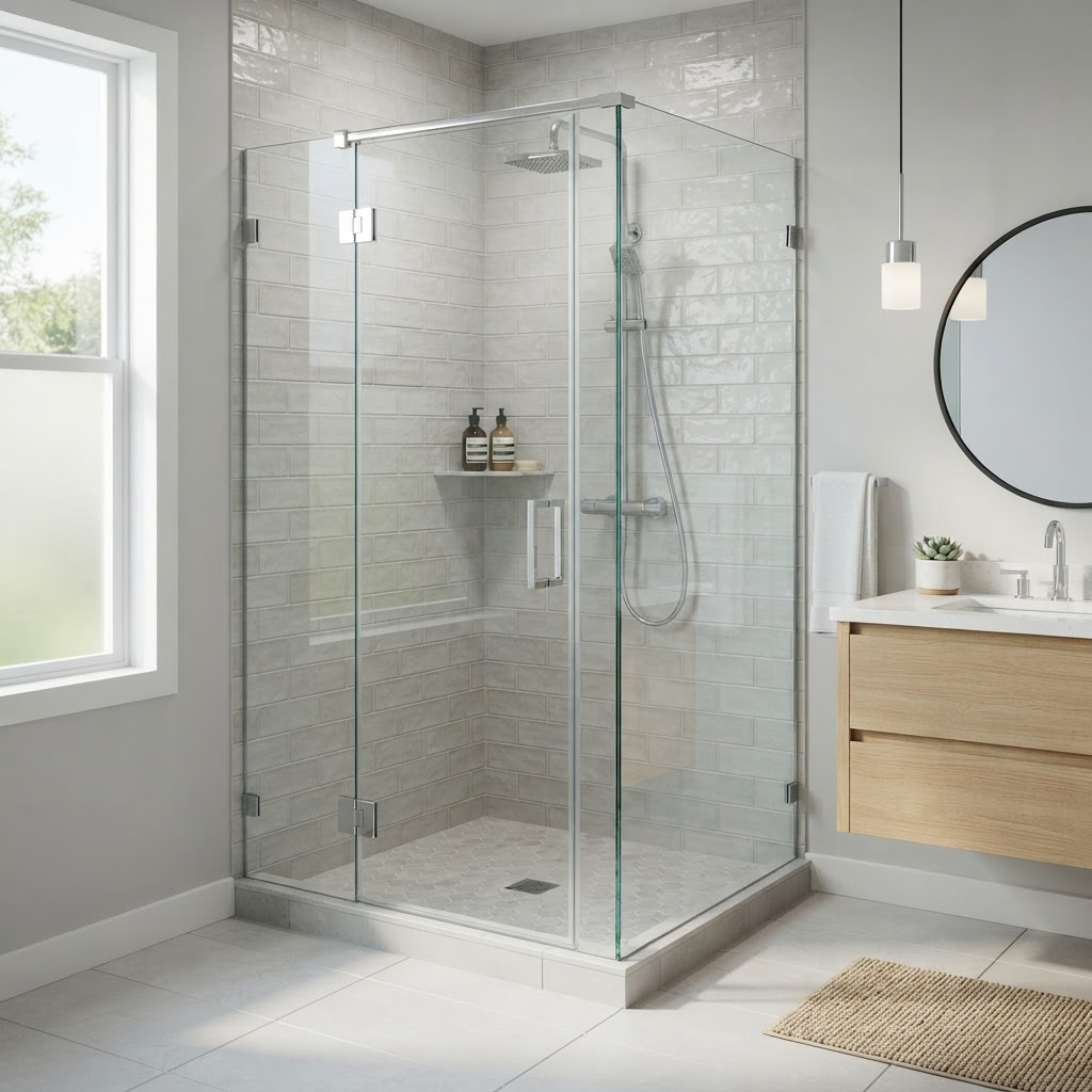 Frameless glass shower enclosure in a modern bathroom