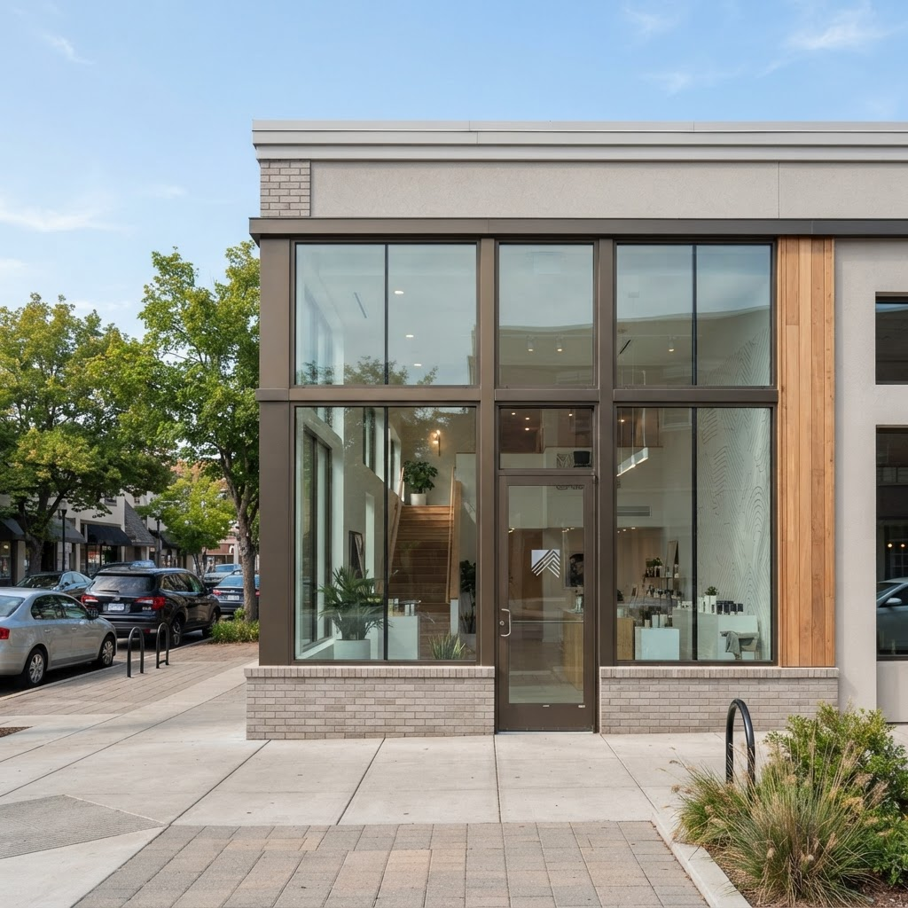 Commercial storefront with large plate glass windows