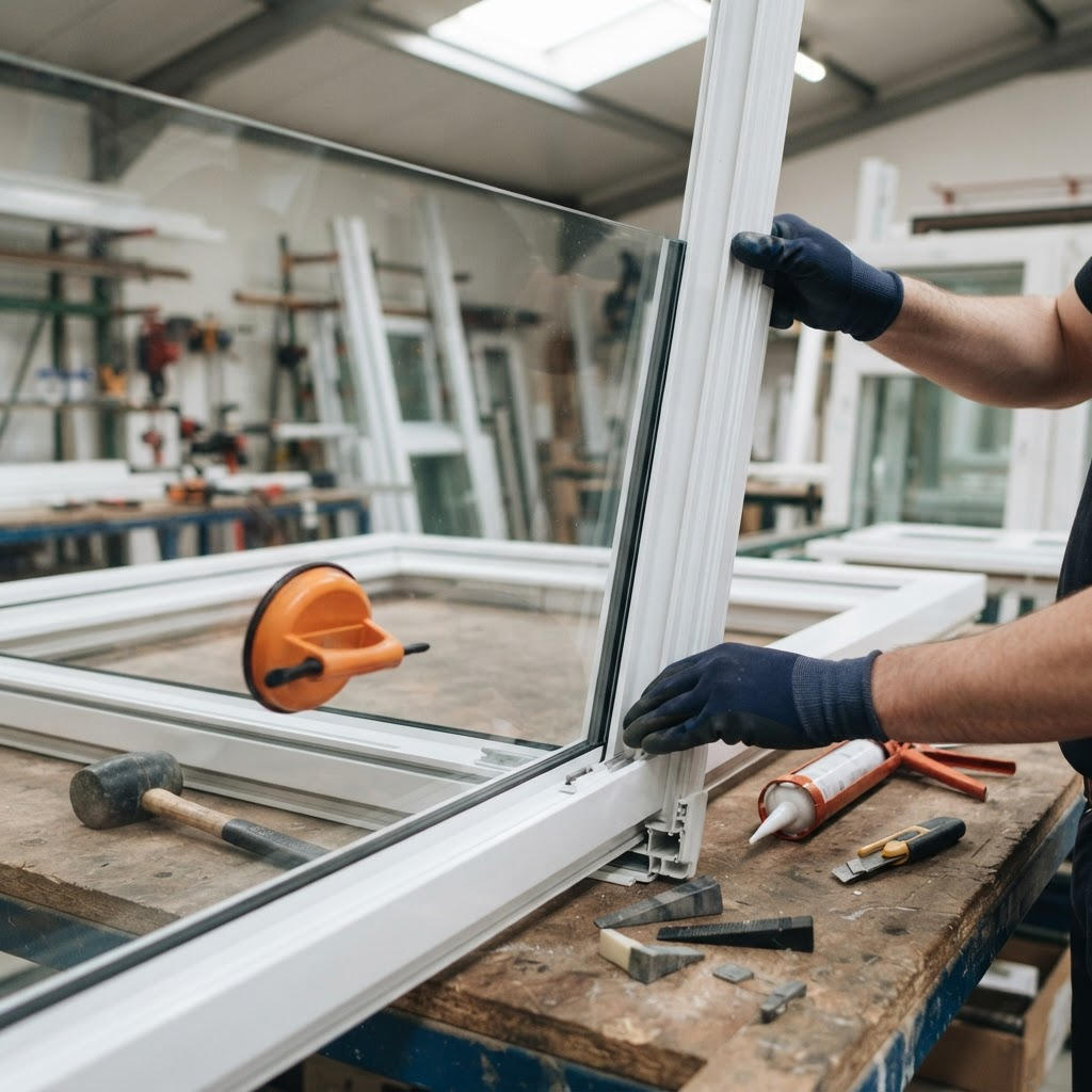 Clean window glass pane being fitted into a white frame
